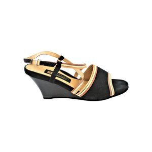 Aerosoles Signature Sandals Wedge Black Suede W Gold Cross Strap Size 9